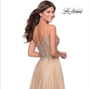 floor length A-line with chiffon skirt. Floral lace and rhinestone detailing.